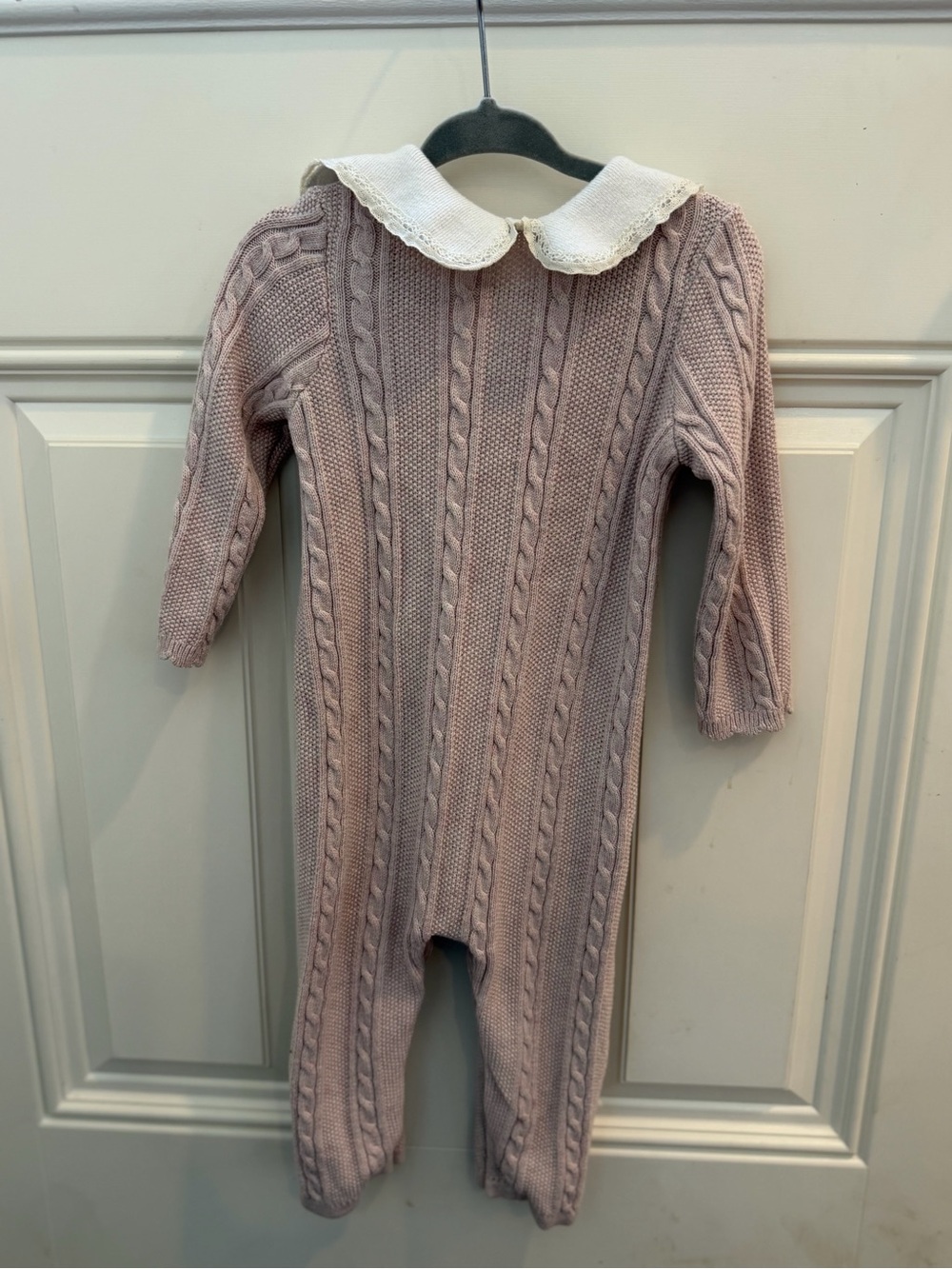 Janie and Jack Pale Mauve Cable-Knit One-Piece with White Peter Pan Collar